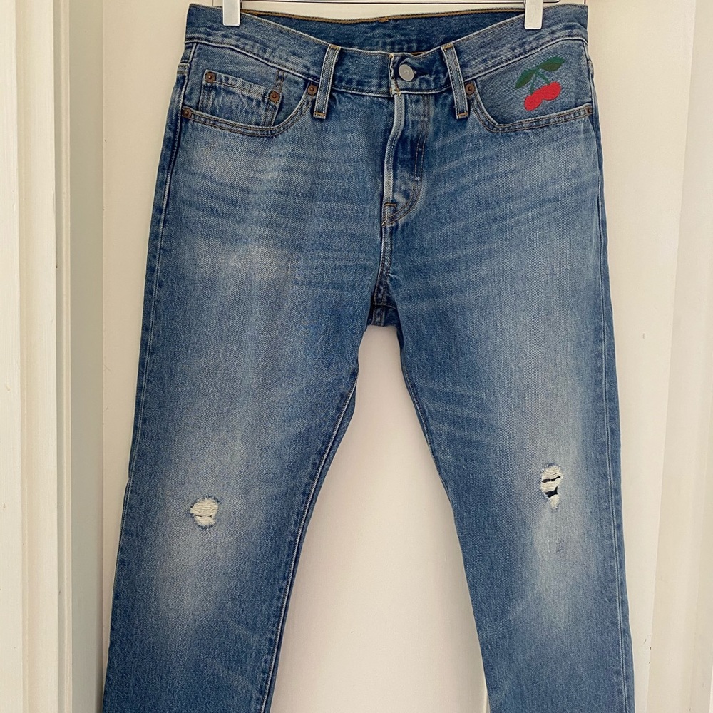 Levi’s 501 button fly with cherry embroidery